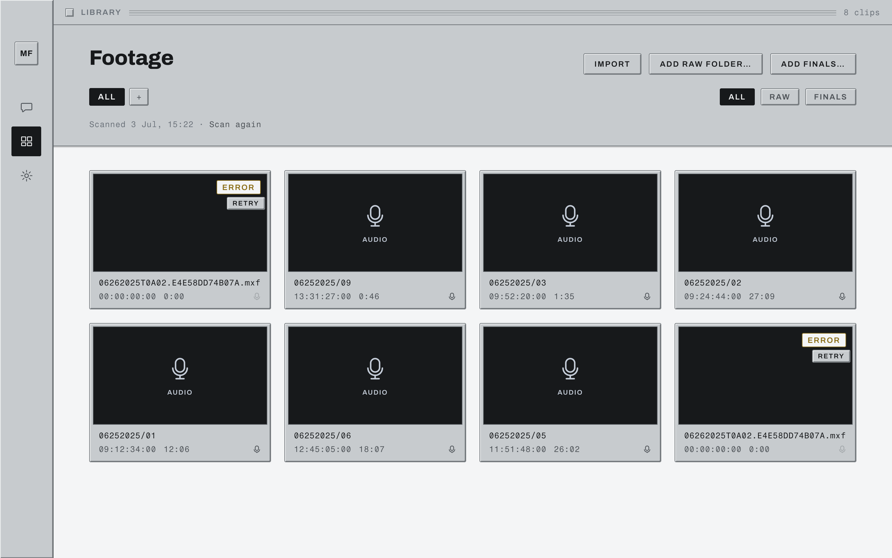 The Dailies library: eight clip cards with real Avid clip names, start timecodes and durations. Two corrupt files show ERROR cards with a retry button.